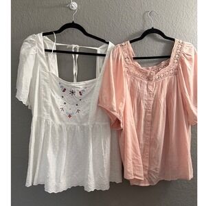 NWT LOT 2 Old Navy Blouses 3X Pink/ White Peasant Short Sleeve Cottagecore Light